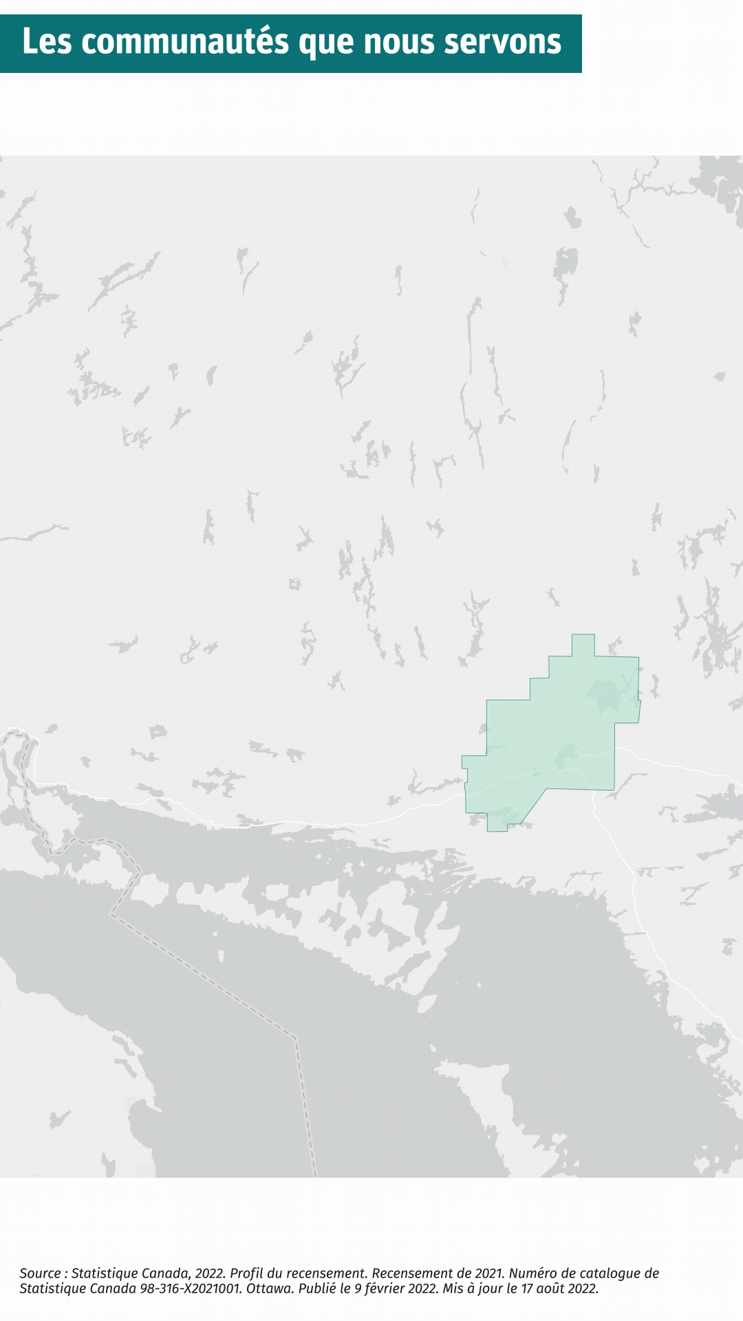 Carte de la zone de service de Santé publique Sudbury et districts, incluant le bureau principal et les bureaux situés à Elm Place, Chapleau, Sudbury-Est, Espanola et Manitoulin. Dans le Grand Sudbury vivent 166 128 personnes sur une superficie de 3 196,9 km². Le district de Sudbury compte 22 368 personnes et s’étend sur 39 896,8 km². Dans celui de Manitoulin, qui s’étend sur 3073,5 km², on en dénombre 13 935. La population de Sudbury et districts totalise 202 431 personnes et son territoire mesure 46 167,2 km². La proportion de personnes ayant indiqué le français comme première langue officielle dans Sudbury et districts s’établit à 21,1 %, comparativement à 3,4 % en Ontario. La proportion de personnes s’identifiant comme Autochtones dans ce même secteur se chiffre à 13,8 %, comparativement à 2,9 % en Ontario.